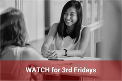 [ai] A smiling woman wearing a white top sitting at a table, engaging in conversation with another person. The image has a red banner at the bottom that reads 'WATCH for 3rd Fridays.'